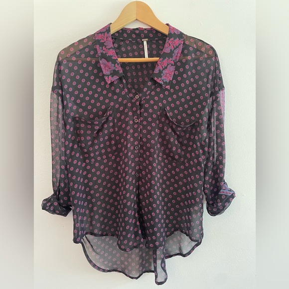 Free People Tops - Free People Botton Down Blue/ Purple Flower Print Relaxed Blouse Sz XS-S
